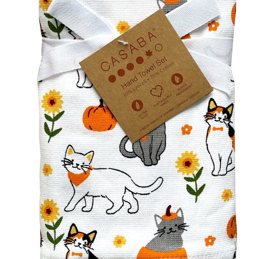 Casaba 2 Pc Hand Towel Set Fall Autumn Cats Pumpkins Flowers Cotton Blend NWT